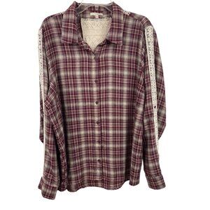 Kate & Sam Plaid Flannel Long Sleeve Lace Trim Shirt Top Roll Tabs Womens XXL
